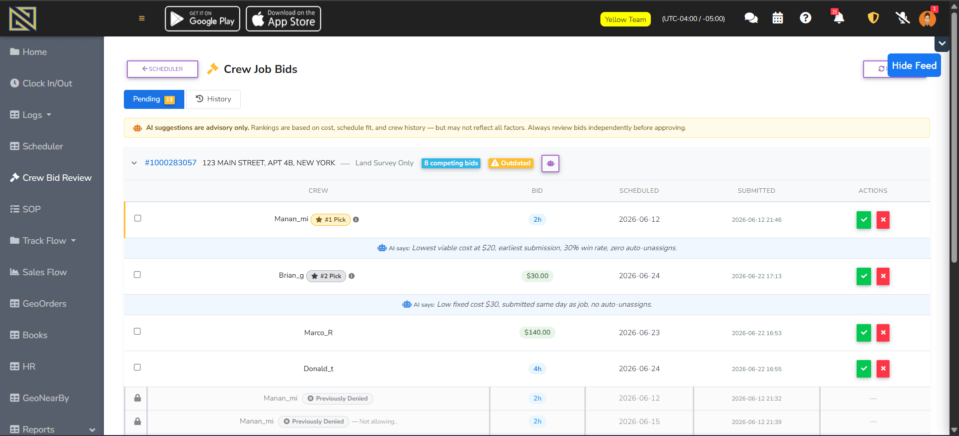 The Field-to-Finish crew bid review screen, ranking competing crew bids on a survey job.